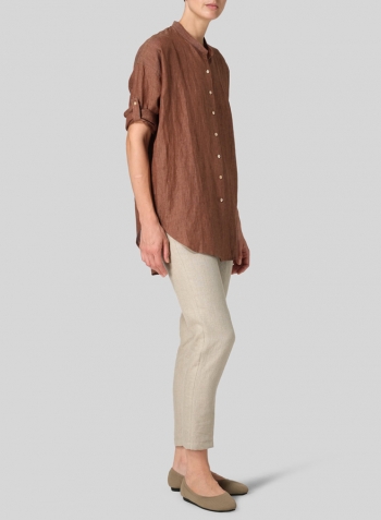 Cinnamon Linen Mandarin Collar Dropped shoulder Long Shirt