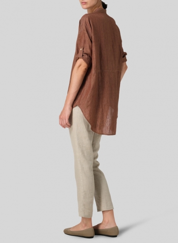 Cinnamon Linen Mandarin Collar Dropped shoulder Long Shirt