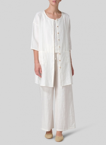 Off White Linen Round Neck Button Front Top