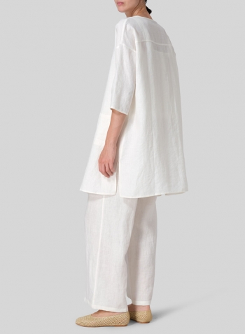 Off White Linen Round Neck Button Front Top