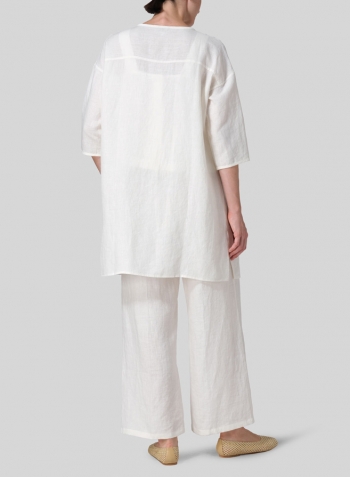 Off White Linen Round Neck Button Front Top