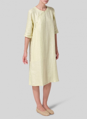 Soft Lime Jacquard Linen Tunic with Vintage Mandarin Knot