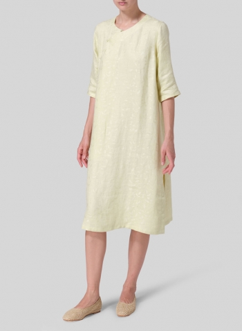 Soft Lime Jacquard Linen Tunic with Vintage Mandarin Knot