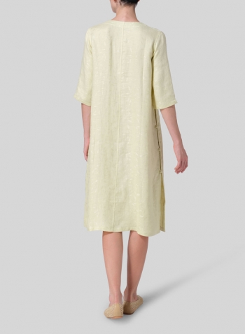 Soft Lime Jacquard Linen Tunic with Vintage Mandarin Knot