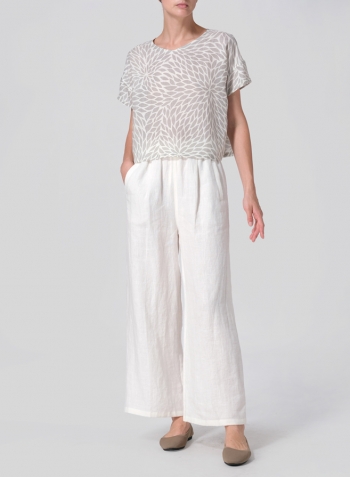 Khaki Leaf Linen Round Neck Box Top