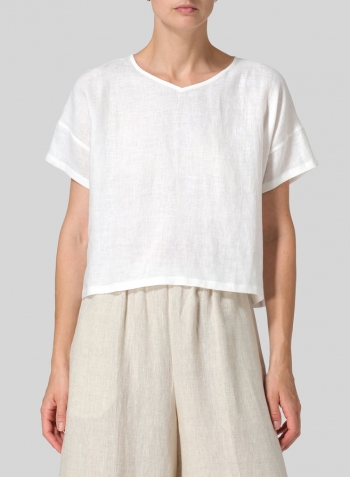 White Linen Round Neck Box Top