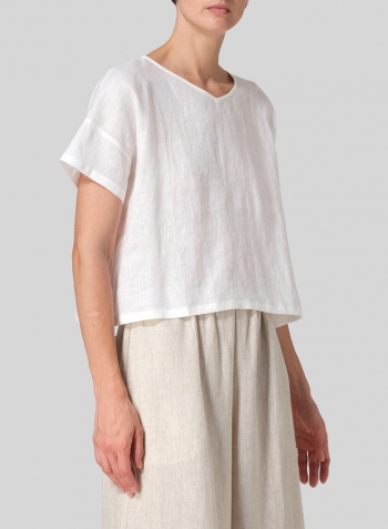 White Linen Round Neck Box Top