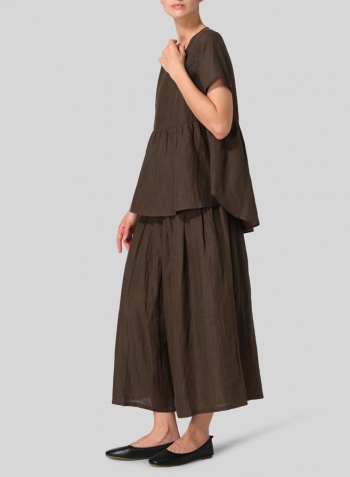 Dark Olive Brown Linen Short Sleeve Pleated Blouse