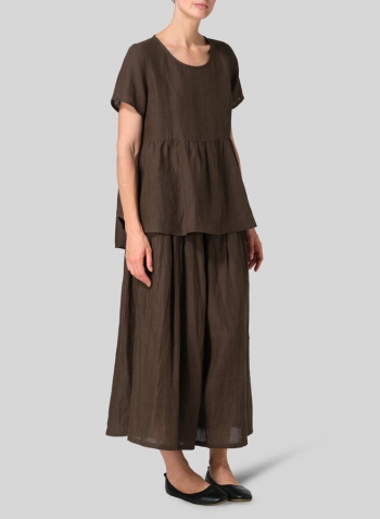 Dark Olive Brown Linen Short Sleeve Pleated Blouse