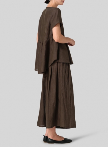 Dark Olive Brown Linen Short Sleeve Pleated Blouse