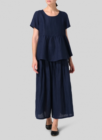 Midnight Blue Linen Short Sleeve Pleated Blouse