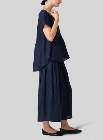 Midnight Blue Linen Short Sleeve Pleated Blouse