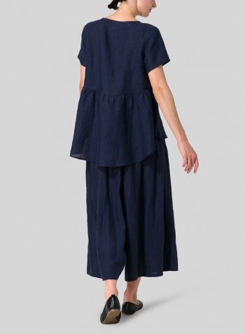 Midnight Blue Linen Short Sleeve Pleated Blouse