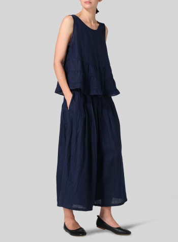 Midnight Blue Linen Sleeveless Pleated Blouse