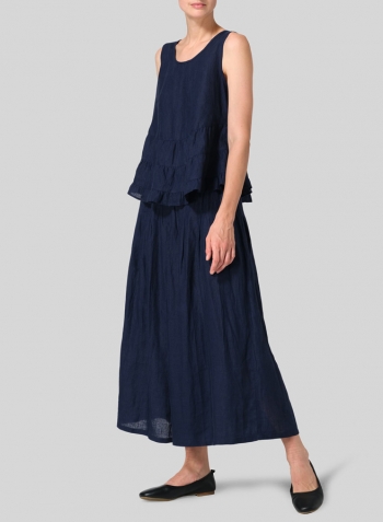 Midnight Blue Linen Sleeveless Pleated Blouse