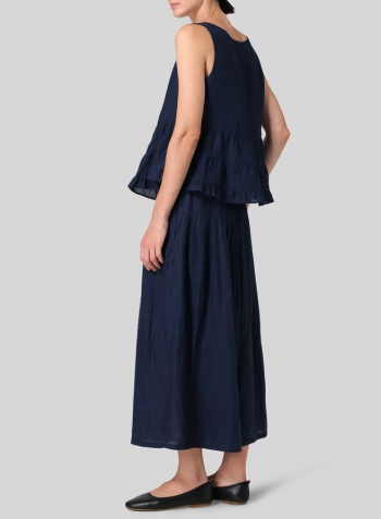 Midnight Blue Linen Sleeveless Pleated Blouse