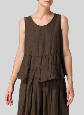 Dark Olive Brown Linen Sleeveless Pleated Blouse