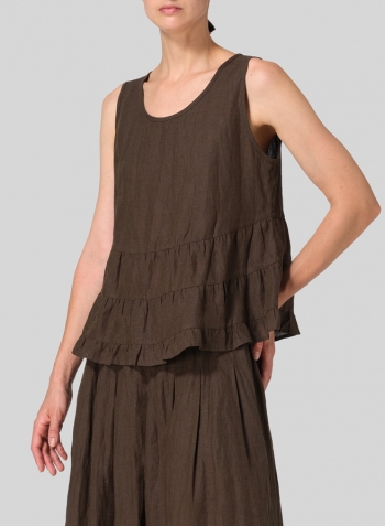 Dark Olive Brown Linen Sleeveless Pleated Blouse