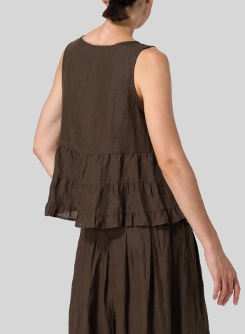 Dark Olive Brown Linen Sleeveless Pleated Blouse