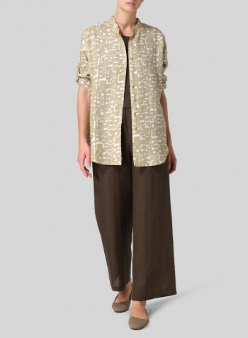 Khaki Print Linen Mandarin Collar Dropped shoulder Long Shirt Set