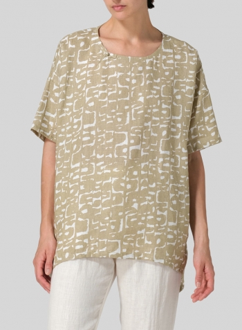 Khaki Print Linen Relaxed Handmade Knot Buttons Top