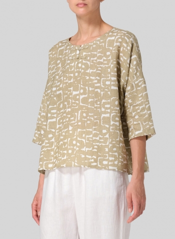 Khaki Print Linen Dropped Shoulder Handmade Knot Button Top