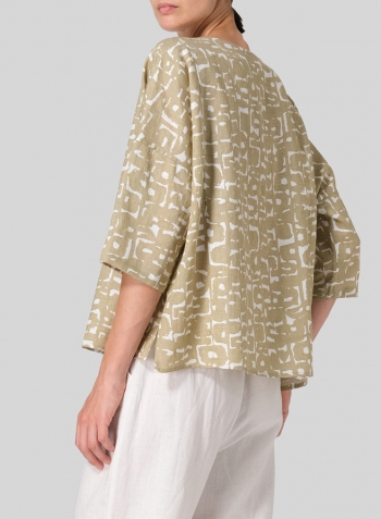 Khaki Print Linen Dropped Shoulder Handmade Knot Button Top