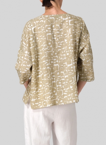 Khaki Print Linen Dropped Shoulder Handmade Knot Button Top