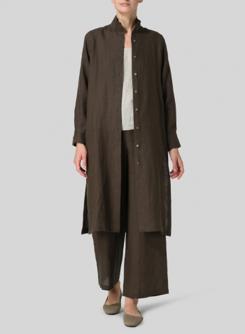 Dark Olive Brown Linen High Stand Collar Long Shirt