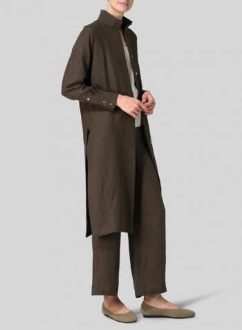 Dark Olive Brown Linen High Stand Collar Long Shirt