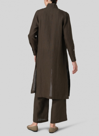 Dark Olive Brown Linen High Stand Collar Long Shirt