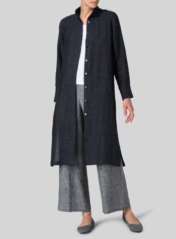 Smokey Blue Linen High Stand Collar Long Shirt