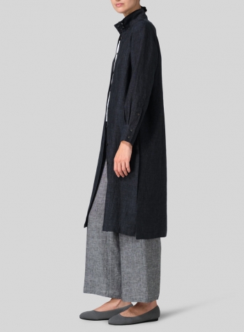 Smokey Blue Linen High Stand Collar Long Shirt