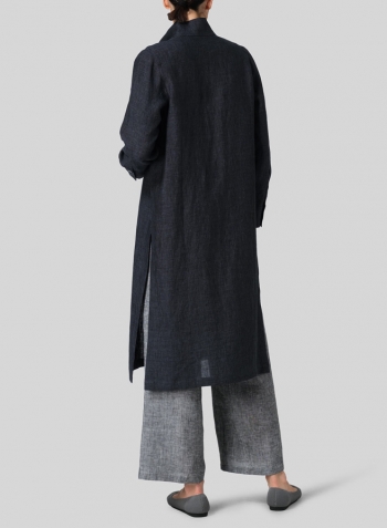 Smokey Blue Linen High Stand Collar Long Shirt