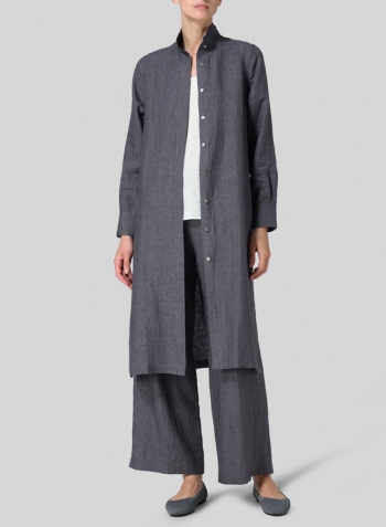 Charcoal Gray Linen High Stand Collar Long Shirt