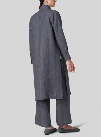 Charcoal Gray Linen High Stand Collar Long Shirt