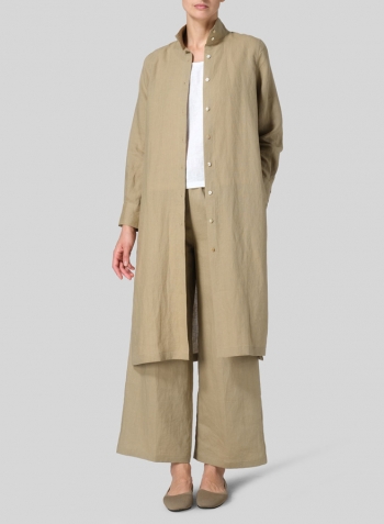 Khaki Sand Linen High Stand Collar Long Shirt