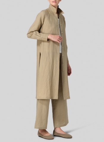 Khaki Sand Linen High Stand Collar Long Shirt