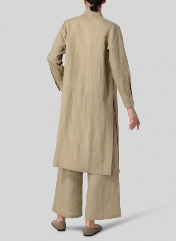 Khaki Sand Linen High Stand Collar Long Shirt