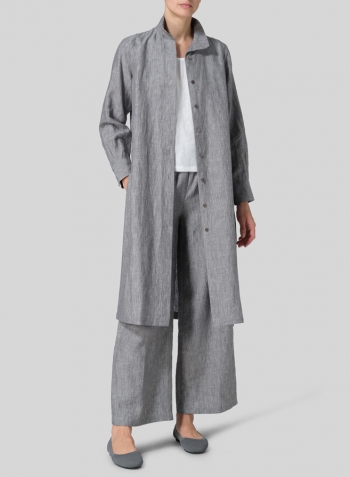 Two Tone Gray Linen High Stand Collar Long Shirt