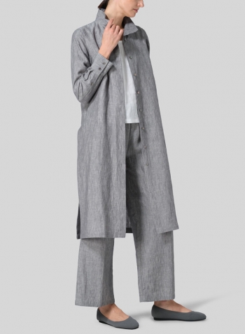 Two Tone Gray Linen High Stand Collar Long Shirt