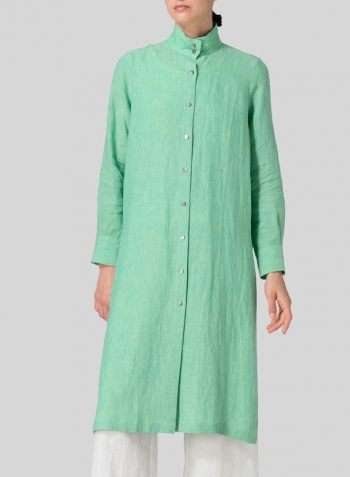 Two Tone Yellow Green Linen High Stand Collar Long Shirt