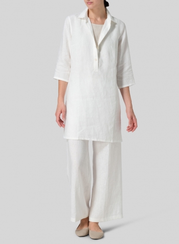 Off White Linen Straight Fit Shirt Collar Tunic