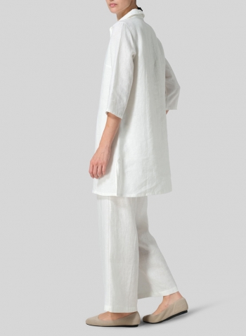 Off White Linen Straight Fit Shirt Collar Tunic