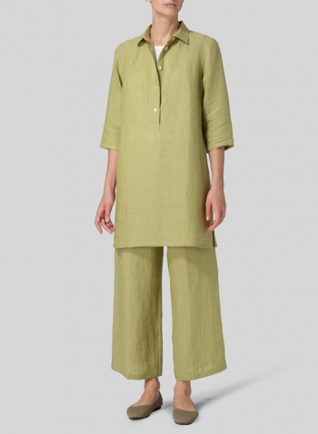 Olive Yellow Linen Straight Fit Shirt Collar Tunic