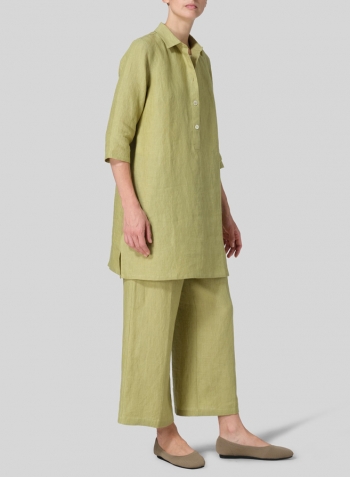 Olive Yellow Linen Straight Fit Shirt Collar Tunic