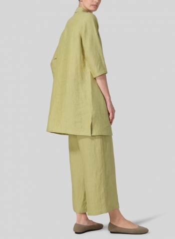 Olive Yellow Linen Straight Fit Shirt Collar Tunic