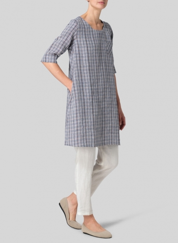 Navy Gray Madras Linen A-shape Casual Top