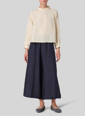 Lemon Chiffon Linen Ruffle Stand Collar Cropped Blouse