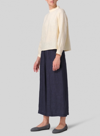 Lemon Chiffon Linen Ruffle Stand Collar Cropped Blouse